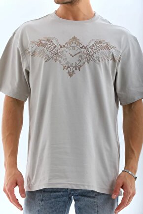 Gelirr Unisex Oversize Taşlı Bisiklet Yaka T-shirt - Gri