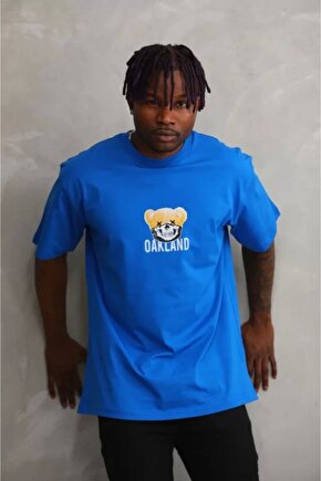 Unisex Baskılı Oversize T-shirt - Mavi