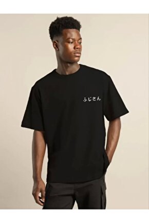 Unisex Bisiklet Yaka Baskılı Oversize T-Shirt - Siyah