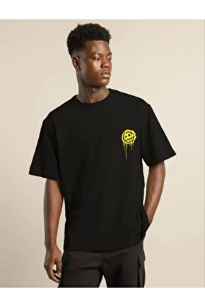 Unisex Bisiklet Yaka Baskılı Oversize T-Shirt - Siyah