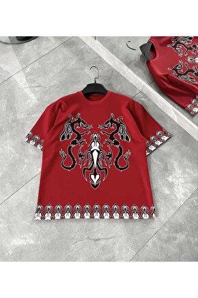 Myterrax Unisex Bisiklet Yaka Baskılı Oversize T-shirt - Kırmızı