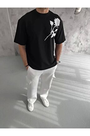 Unisex Bisiklet Yaka Baskılı Oversize T-Shirt - Siyah