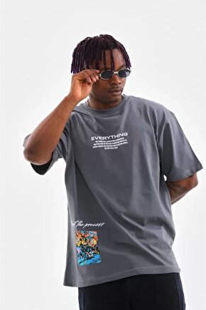 Yonca Moda Unisex Bisiklet Yaka Baskılı Oversize T-shirt - Gri