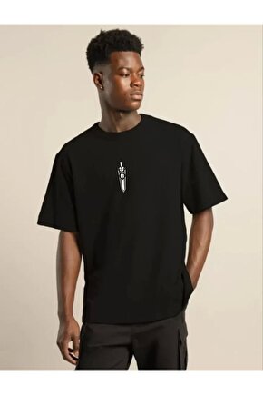Unisex Bisiklet Yaka Baskılı Oversize T-Shirt - Siyah