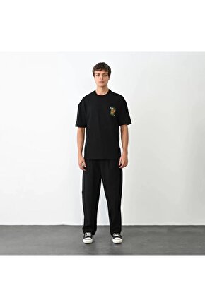 Moda Shop & Butik Unisex Bisiklet Yaka Baskılı Oversize T-shirt - Siyah