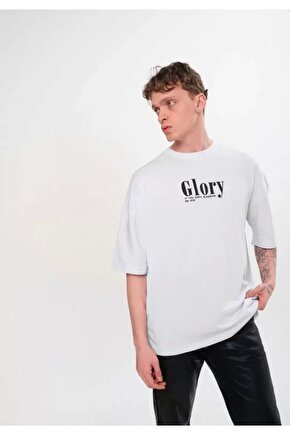 Unisex Bisiklet Yaka Baskılı Oversize T-Shirt - Siyah