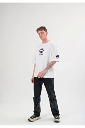 Unisex Bisiklet Yaka Baskılı Oversize T-Shirt - Beyaz