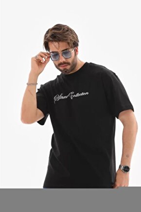 Unisex Bisiklet Yaka Baskılı Oversize T-Shirt - Siyah