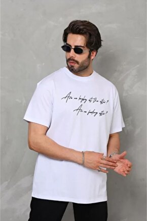 Ahes Shopping Unisex Bisiklet Yaka Baskılı Oversize T-shirt - Beyaz