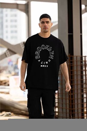 Unisex Bisiklet Yaka Baskılı Oversize T-Shirt - Siyah