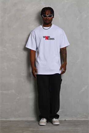 Unisex Bisiklet Yaka Baskılı Oversize T-Shirt - Siyah