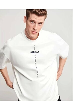 Unisex Bisiklet Yaka Baskılı Oversize T-Shirt - Beyaz