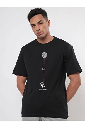 Ahes Shopping Erkek Baskılı Oversize T-shirt - Siyah