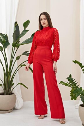 Moda Shop & Butik Kırmızı Üstü Dantel Tulum