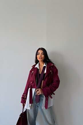 Gelirr Süet Crop Ceket Kol 3 Kemer Detaylı - Bordo