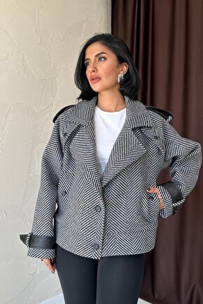 Moda Shop & Butik Gri Çizgili Deri Garnili Ceket