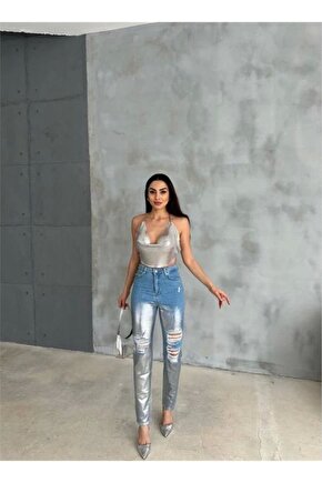 DİZ YIRTIK VARAKLI MOM KOT PANTOLON  Gümüş