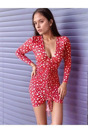 Mottisfashion Kadın V Yaka Önü Asansör Büzgü Detay Fırsat Ürün Puantiyeli Mini Elbise