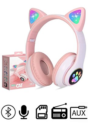 Pembe Stn28 Renk Kablosuz Bluetooth 5.0 Led Işıklı Kedili Şık Kulaklık Hediye Fm