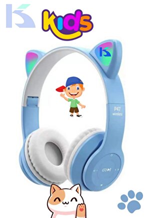 Açık Mavi Renk Vilya Kedi Kulağı Detaylı Uyumlu Bluetooth Kablosuz Kulaklık Çocuk Oyuncu Aux Kablo