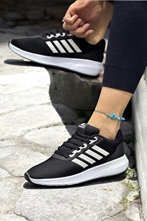 Unisex Siyah Dört Bant Günlük Fileli Rahat Spor Ayakkabı MİHRA4004