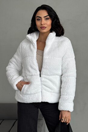 Peluş Kabartma Teddy Kadın Şişme Mont Ekru