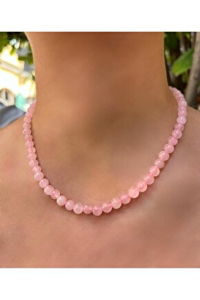 6 MM Küre Kesim Pembe Kuvars Doğal Taş Kolye