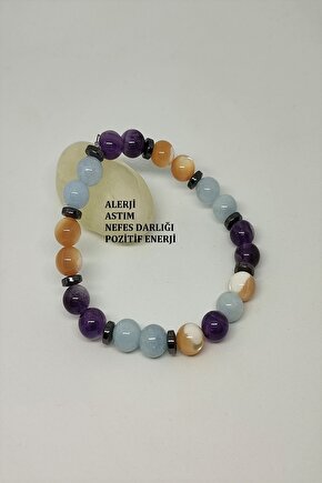 Sertifikalı Akuamarin, Esmer Sedef, Ametist, Hematit Doğaltaş Bileklik