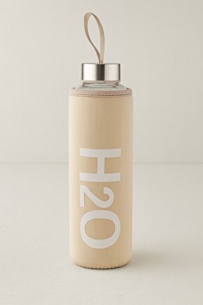 Bej 750 ml Cam Matara Neopren Kılıflı Taşıma Askılı Su Şişesi