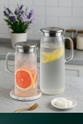 1500 ml Borosilikat Cam Su Sürahisi - Metal Kapaklı ve Isıya Dayanıklı