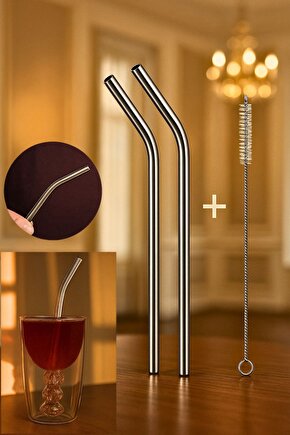 Paslanmaz Çelik Metal Pipet Seti – 2 Adet Eğik Pipet + Temizleme Fırçası