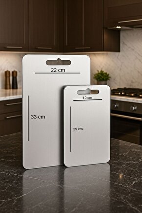 2’li Çelik Kesme Tahtası Seti – 33x22 cm & 29x19 cm Paslanmaz Hijyenik Mutfak Doğrama Panosu