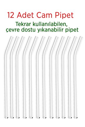 Şeffaf Cam Pipet 12li Cam Eğimli Pipet (Isıya Dayanıklı)