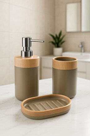 3’lü VİZON Renk Banyo Seti Sabunluk Diş Fırçalık ve Sıvı Sabunluk – Ahşap Kapaklı Modern Tasarım