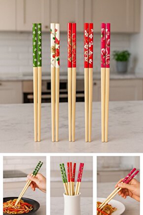 5 Çift Renkli Desenli Bambu CHOPSTİCK Seti