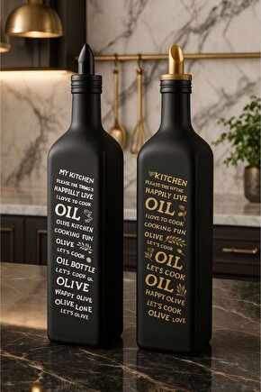2Lİ Cam Yağdanlık Takımı Gold Beyaz Yazılı Siyah Cam Yağ Şişesi - Tıpa Dahil
