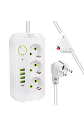 3lü 1.5 Metre Beyaz 4 Usb 1 Typ-c Şarjlı Uzatma Akım Korumalı Priz