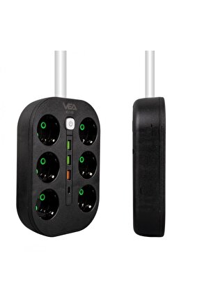 VE-22399 6lı 1.5 metre Kablolu Akım Korumalı Priz 3 x usb+Type-C