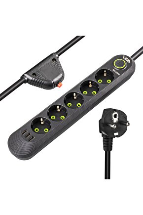 Siyah 5 Li 1.5 Metre Uzatma Kablolu 3 USB Termal Akım Kormalı Priz BSN41-T63M9