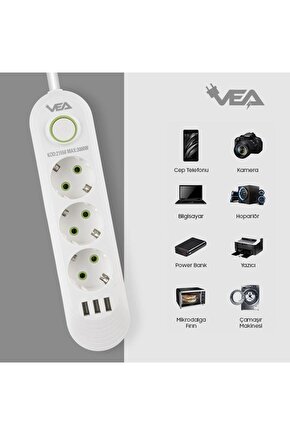 1.5 Metre Uzatma Kablolu 3 USB Li Beyaz Akım Korumalı Priz AXE9-X33T55