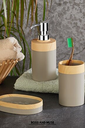Bambu Görünümlü Plastik  3 Lü Banyo Seti Sıvı Sabunluk Diş Fırçalık Sabunluk
