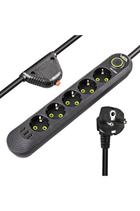 Beşli Grup Priz 1.5 Metre Akım Korumalı 3 USB Çıkışlı Anahtarlı KPF7-88F3