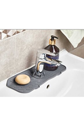 Gri Oluklu Silikon Su Tutucu Düzenleyici Kaydırmaz Abdest Lavabo Musluk Matı Banyo Mutfak Organizeri