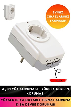 Aşırı Yük Koruması - Yüksek Gerilim Koruması 16 Amper - 3680 Watt 2 Usbli  Akım Korumalı Tekli Priz