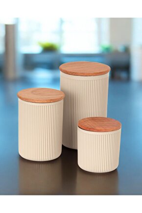 Retro Ahşap Kapaklı Çizgili Plastik Saklama Kabı Baharatlık Seti  YERLİ ÜRETİM