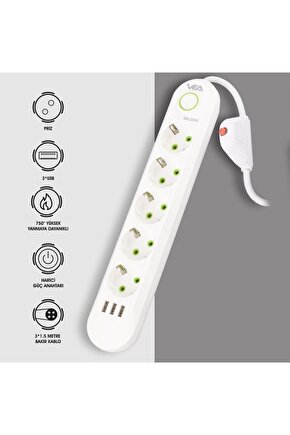 5 Toprak + 3 USB Girişli 1.5 Metre Kablo Beyaz Renk Akım Korumalı Priz Modern AXE1E-3