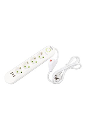4 LÜ TOPRAK + 3 USB GİRİŞ 1.5 METRE KABLOLU  BEYAZ Çocuk Korumalı Priz AXE3Q-11