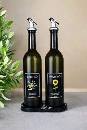 Mermer Desenli Akrilik Stantlı Amber 2li 750 ml Zeytinyağı Sıvıyağ Şişesi Yağdanlık Yağlık