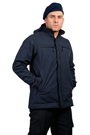 Lacivert Renkli Jandarma Asayis 5 Cepli Uzun Kollu Soguk Gecirmez Softshell Kapusonlu Taktik Mont
