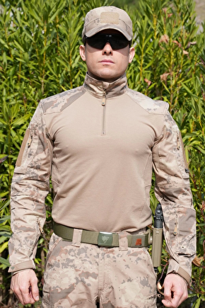 Jandarma Col Kamuflaj Renkli Sungur Model Uzun Kollu 4 Cepli Bato Yaka Ceyrek Fermuarli Operasyon Taktik Combat T Shirt